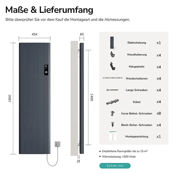 EMKE Konvektorheizung 1500W Anthrazit Flatsim ERD -  - Dunkelgrauer elektrischer Heizkörper (1600x454x60 mm) mit Zubehör zur Wandmontage.