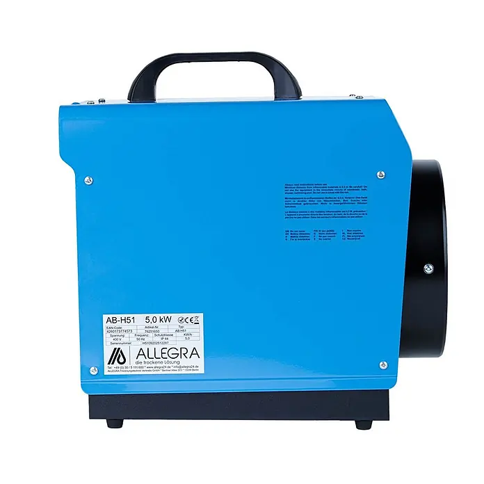 ALLEGRA Bauheizer AB-H51 - 5 kW, Nennspannung: 400 V - 400 V, Blau - Blauer 5,0 kW Industrieheizer/Trocknungsgerät mit schwarzem Griff und Lüfterauslass.
