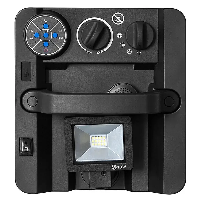 ALLEGRA Bauheizer AB-H35 - 3,3 kW, Nennspannung: 220 V - 240 V, Blau - Schwarzer tragbarer Lautsprecher mit integriertem LED-Arbeitslicht und Mediensteuerung, mit Tragegriff und USB-Anschluss.