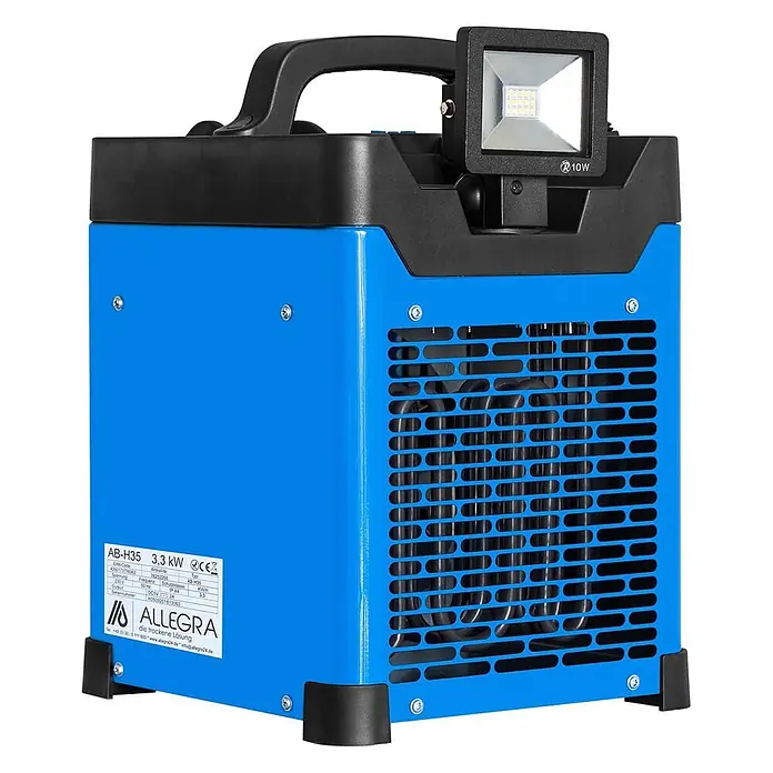 ALLEGRA Bauheizer AB-H35 - 3,3 kW, Nennspannung: 220 V - 240 V, Blau - Blauer Industrietrockner mit schwarzem Griff, seitlichem Gitter und integrierter 10W LED-Arbeitsleuchte.