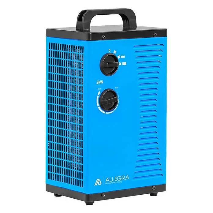 ALLEGRA Bauheizer AB-H22 - 2 kW, Nennspannung: 220 V - 240 V, Blau - Blau-schwarze 2kW Elektroheizung mit zwei Drehreglern und Tragegriff.