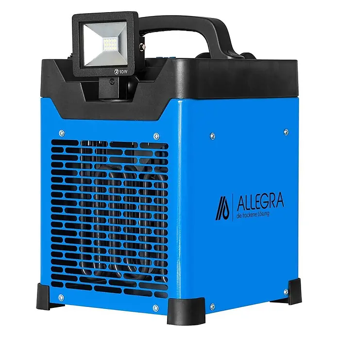 ALLEGRA Bauheizer AB-H35 - 3,3 kW, Nennspannung: 220 V - 240 V, Blau - Blauer und schwarzer Luftentfeuchter mit robustem Metallgehäuse, schwarzem Griff und integrierter 10W LED-Arbeitsleuchte.