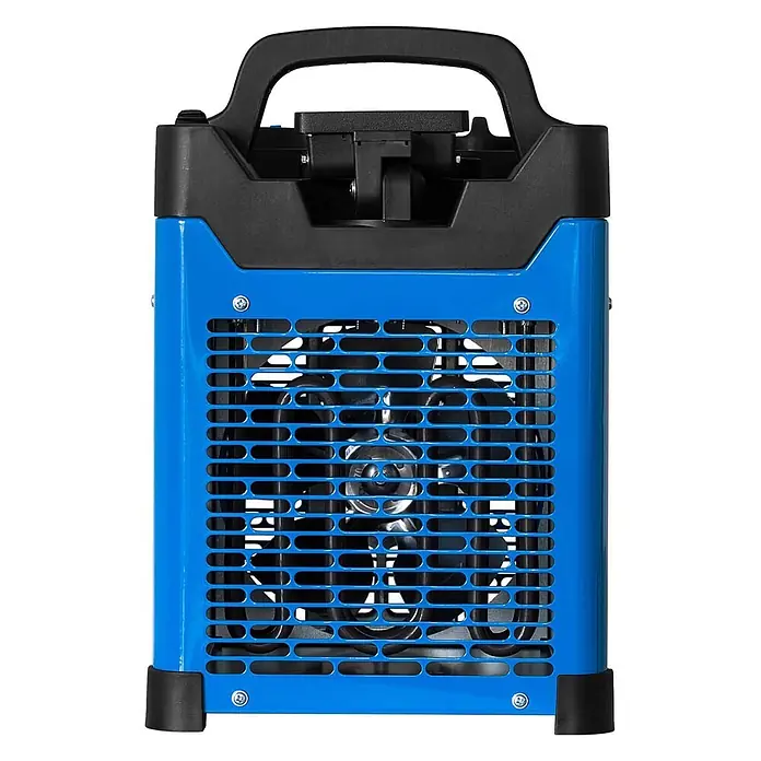 ALLEGRA Bauheizer AB-H35 - 3,3 kW, Nennspannung: 220 V - 240 V, Blau - Vorderansicht eines blauen Elektroheizlüfters mit schwarzem Griff und Schutzgitter, das die Lüfterblätter zeigt.
