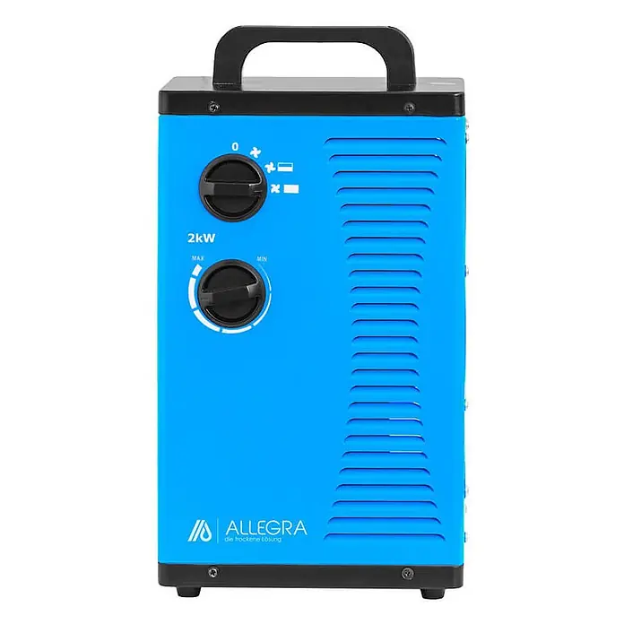 ALLEGRA Bauheizer AB-H22 - 2 kW, Nennspannung: 220 V - 240 V, Blau - Blauer 2kW Elektroheizlüfter/Trockner mit schwarzem Griff und zwei Drehreglern für Modus und Leistung, mit Lüftungsschlitzen.