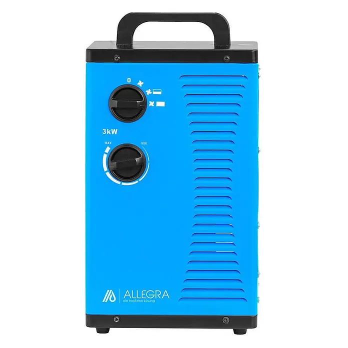 ALLEGRA Bauheizer AB-H32 - 3 kW, Nennspannung: 220 V - 240 V, Blau, IP24 - Ein blauer 3kW Industrieheizlüfter mit schwarzem Griff, zwei Bedienknöpfen für Lüfter- und Heizeinstellungen sowie Thermostat.