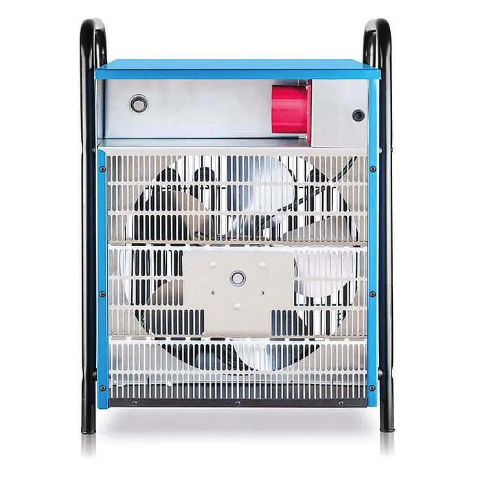 ALLEGRA Elektro-Heizlüfter AB-H150 15,0 kW -  - Rückansicht eines blauen und schwarzen Industriegebläses/-heizgeräts mit weißem Schutzgitter, das Lüfterblätter und eine rote Entlüftung zeigt.