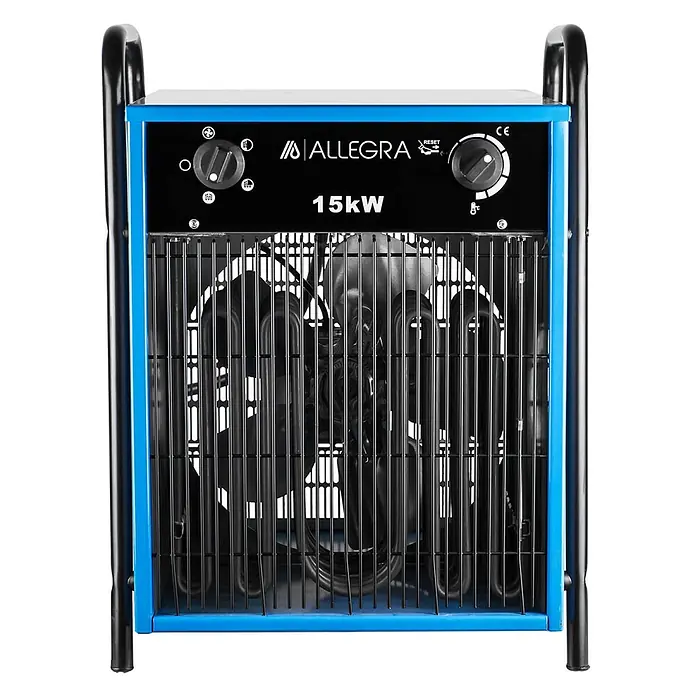 ALLEGRA Elektro-Heizlüfter AB-H150 15,0 kW -  - Blauer und schwarzer 15kW Industrie-Heizlüfter mit zwei Bedienknöpfen und Schutzgitter.