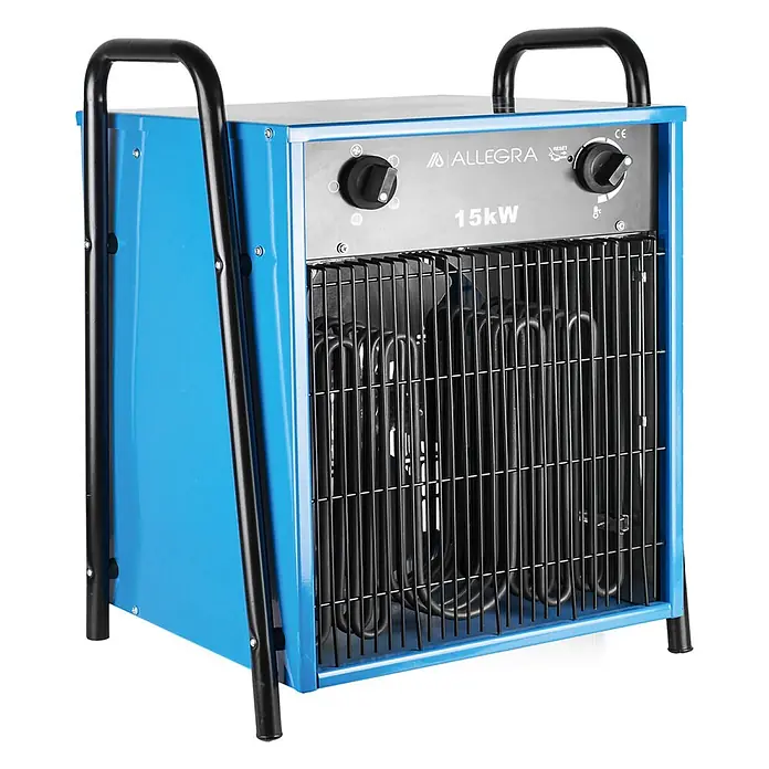 ALLEGRA Elektro-Heizlüfter AB-H150 15,0 kW -  - Blauer 15kW elektrischer Industrieheizer mit schwarzem Gitter und Griffen.