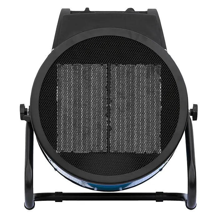 ALLEGRA Bauheizer AB-H92 - 9 kW, Nennspannung: 380 V - 400 V, Blau - Schwarzer Elektroheizer mit Metallgitter und Heizelementen auf stabilem Ständer.