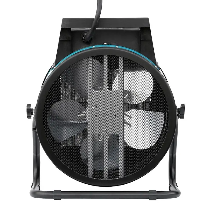 ALLEGRA Bauheizer AB-H92 - 9 kW, Nennspannung: 380 V - 400 V, Blau - Frontansicht eines schwarzen Industrieventilators mit Metallgitter und Ständer, mit türkisfarbenen Akzenten.