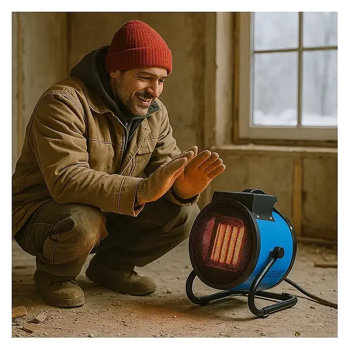 ALLEGRA Bauheizer AB-H36 - 3 kW, Nennspannung: 220 V - 240 V, Blau - Blauer und schwarzer tragbarer Elektroheizer, den ein Mann in einem kalten Raum zum Händewärmen benutzt.
