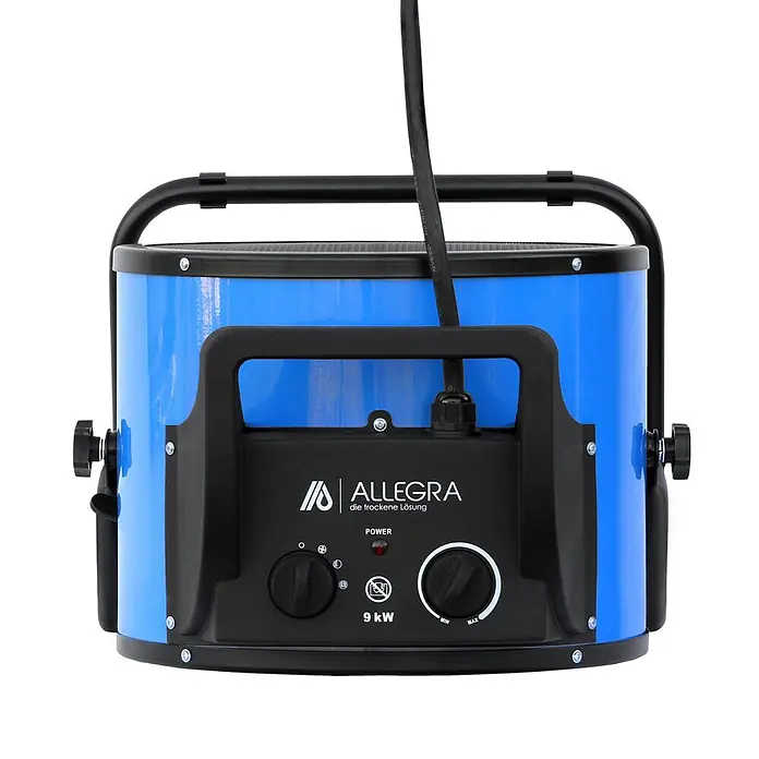 ALLEGRA Bauheizer AB-H92 - 9 kW, Nennspannung: 380 V - 400 V, Blau - Blauer Allegra 9 kW Industrieheizer mit schwarzem Rahmen und Bedienfeld mit Leistungsanzeige und zwei Knöpfen.