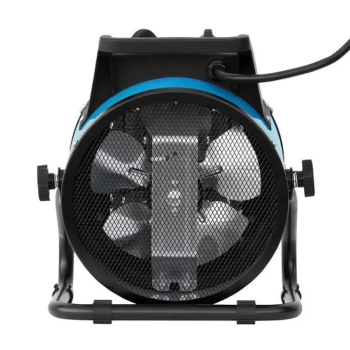 ALLEGRA Bauheizer AB-H36 - 3 kW, Nennspannung: 220 V - 240 V, Blau - Vorderansicht eines blauen und schwarzen Industrie-Heizlüfters mit Metallflügeln, Schutzgitter und stabilem schwarzen Ständer.