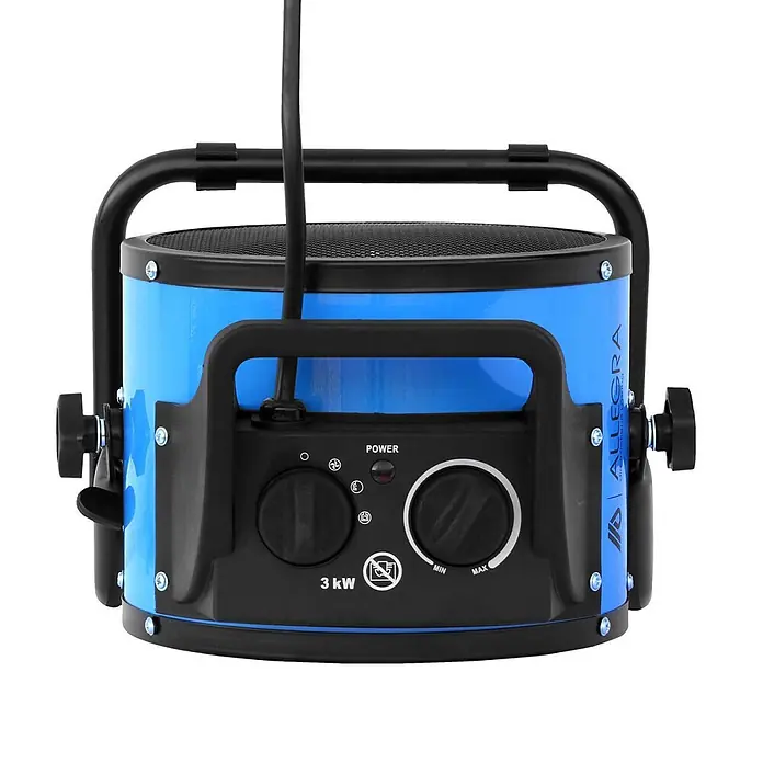 ALLEGRA Bauheizer AB-H36 - 3 kW, Nennspannung: 220 V - 240 V, Blau - Blauer und schwarzer 3 kW Elektro-Heizlüfter mit robustem schwarzem Metallrahmen und Bedienknöpfen für Leistung und Thermostat.