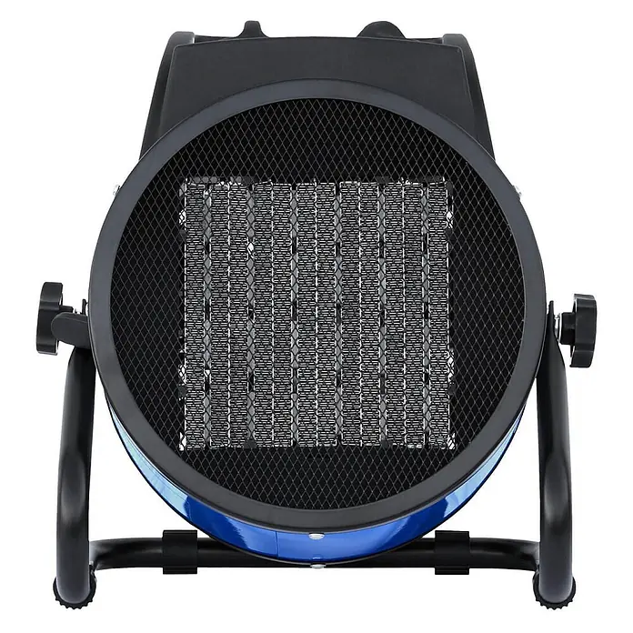 ALLEGRA Bauheizer AB-H36 - 3 kW, Nennspannung: 220 V - 240 V, Blau - Blauer und schwarzer Industrie-Heizlüfter mit schützendem Metallgitter, auf einem stabilen schwarzen Ständer.