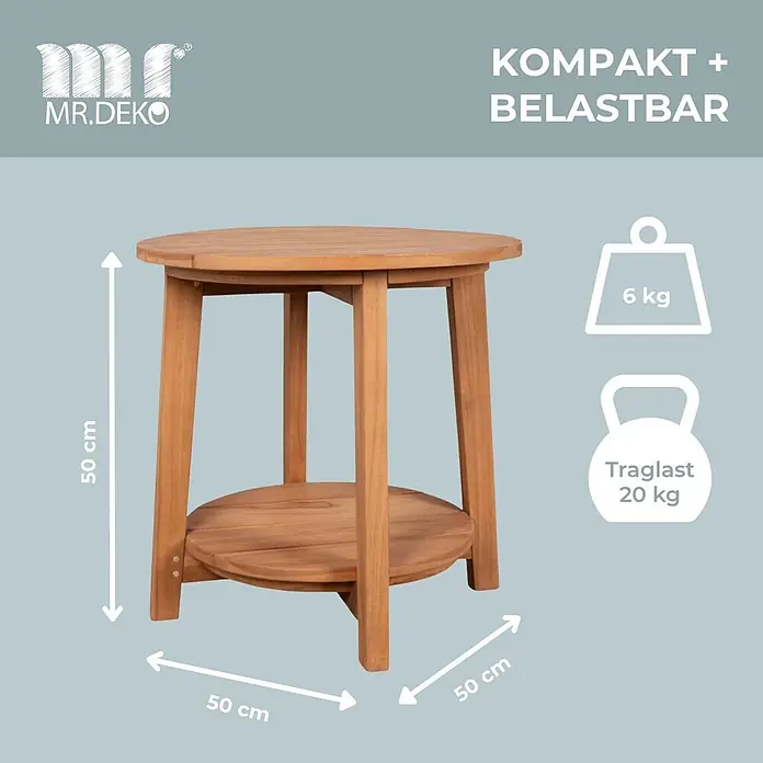 Bene Living Gartenliegen-Set Adirondack Montreal & Milton - braun, Naturmaterialien - Ein runder, hellbrauner Beistelltisch aus Holz mit Ablage, 50x50x50 cm, 6 kg, Traglast 20 kg.