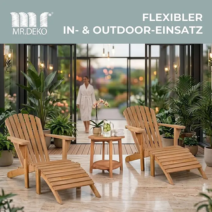Bene Living Gartenliegen-Set Adirondack Montreal & Milton - braun, Naturmaterialien - Zwei Holz-Adirondack-Sessel mit Fußteilen und Beistelltisch für flexiblen Innen- und Außenbereich.