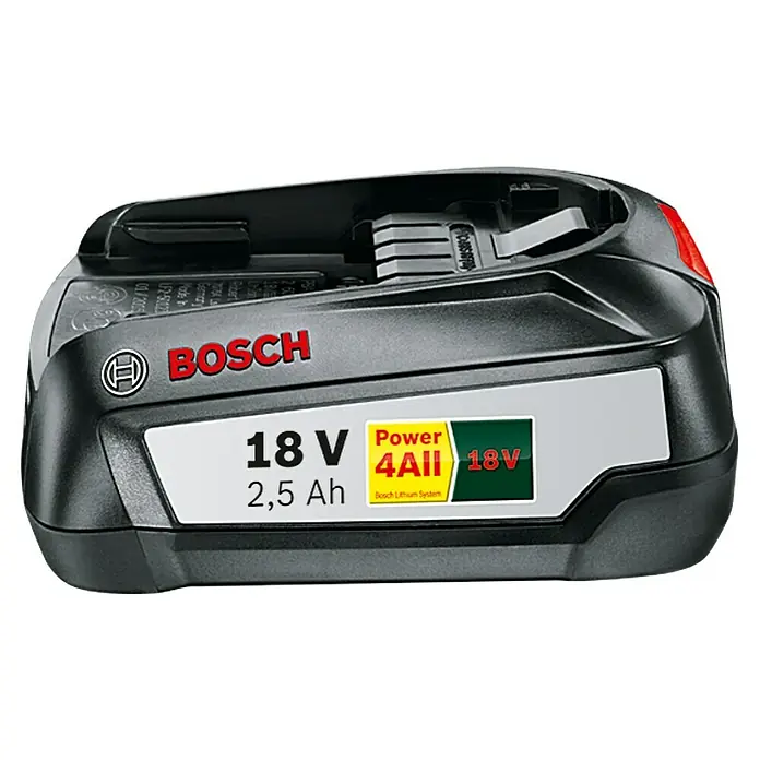 Bosch Power for All 18V Akku PBA 18V 2.5Ah W-B - 18 V, 2,5 Ah - Abbildung einer Bosch 18V 2,5 Ah Power for All-Batterie. Das universelle Batteriesystem für Haus und Garten.