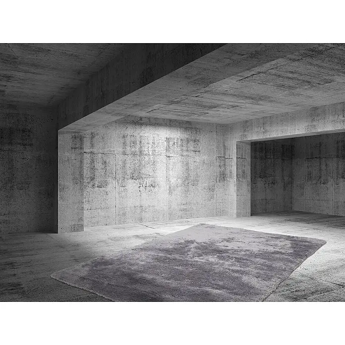 Kayoom Hochflorteppich Dolphin 500 - Silber, 290 x 200 cm, 100 % Polyester - Weicher grauer Hochflorteppich auf einem strukturierten Betonboden.