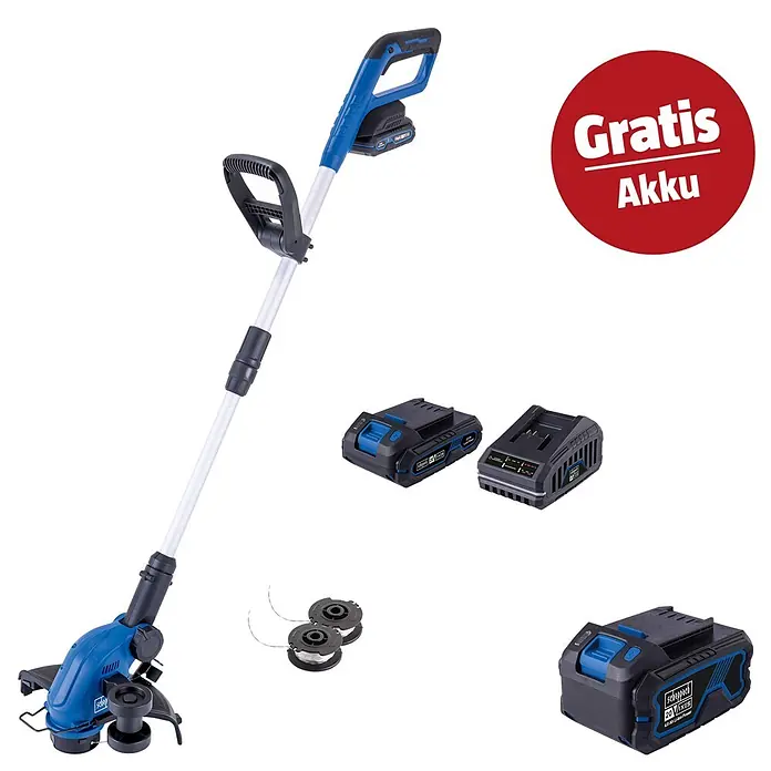 Scheppach IXES 20V Akku-Rasentrimmer C-LT300-X Set S - 20 V, 2 Ah, Li-Ionen, 1 Akku, Schnittbreite Faden: 300 mm - Blauer und schwarzer Scheppach Akku-Rasentrimmer mit drei Akkus, einem Ladegerät und zwei Fadenspulen.