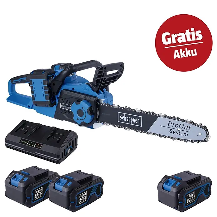 Scheppach IXES 20V Akku-Kettensägen-Set BC-CS355DUO-X Set XL2 - 40 V, 4 Ah, Anzahl Akkus: 3 Akkus - Blaue und schwarze Akku-Kettensäge mit drei Akkus und einem Ladegerät. Das Set enthält einen Gratis-Akku.