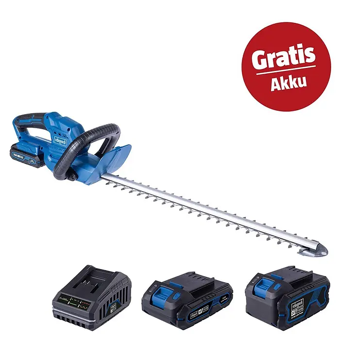 Scheppach IXES 20V Akku-Heckenscheren-Set C-HT570-X Set S - 20 V, 2 Ah, Li-Ionen - Blauer Akku-Heckenschneider, Ladegerät und zwei Akkus. Roter Kreis: "Gratis Akku".