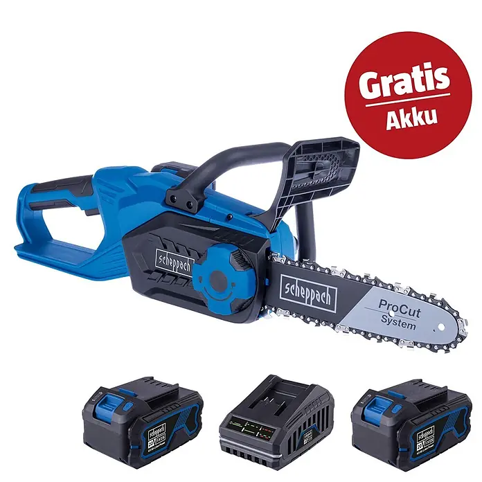 Scheppach IXES 20V Akku-Kettensägen-Set C-CS254-X Set L - 20 V, 4 Ah, Anzahl Akkus: 2 Akkus, Schwertlänge: 20 cm - Blaue und schwarze Scheppach Akku-Kettensäge mit zwei Akkus, Ladegerät und einem roten 'Gratis Akku'-Aufkleber.