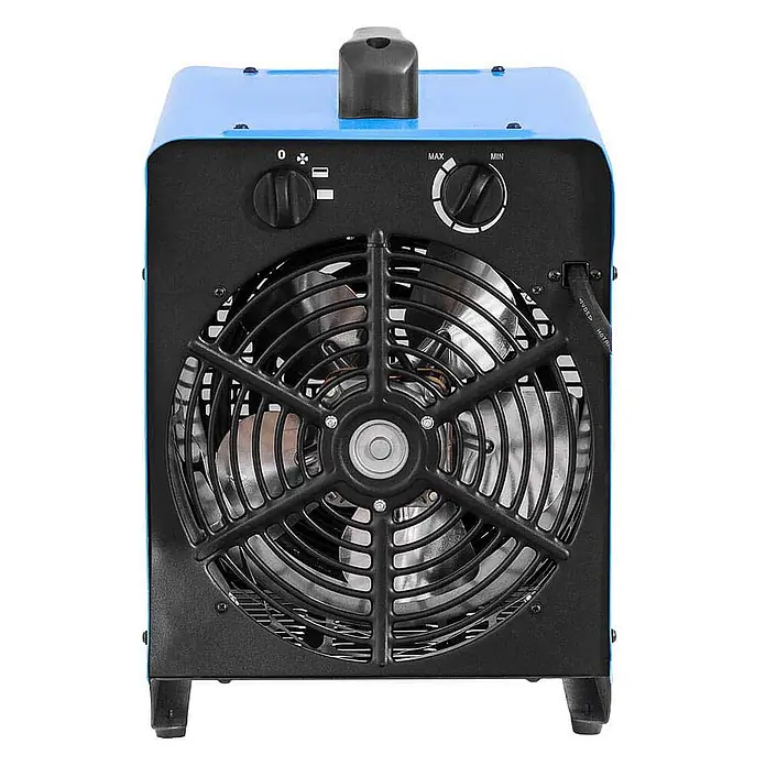 ALLEGRA Bauheizer AB-H91 - 9 kW, Nennspannung: 400 V - 400 V, Blau, IP24 - Blau-schwarzer Industrie-Heizlüfter mit großem Lüftergitter und zwei Bedienknöpfen auf der Rückseite.