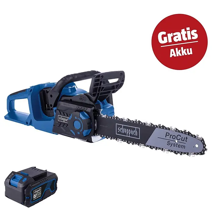 Scheppach IXES 20V Akku-Kettensägen-Set BC-CS355DUO-X - 40 V, Anzahl Akkus: 1 Akku, Schwertlänge: 35,6 cm - Blaue und schwarze Akku-Kettensäge mit ProCut System Schwert und separatem Akkupack. Ein rotes Etikett weist auf 'Gratis Akku' hin.