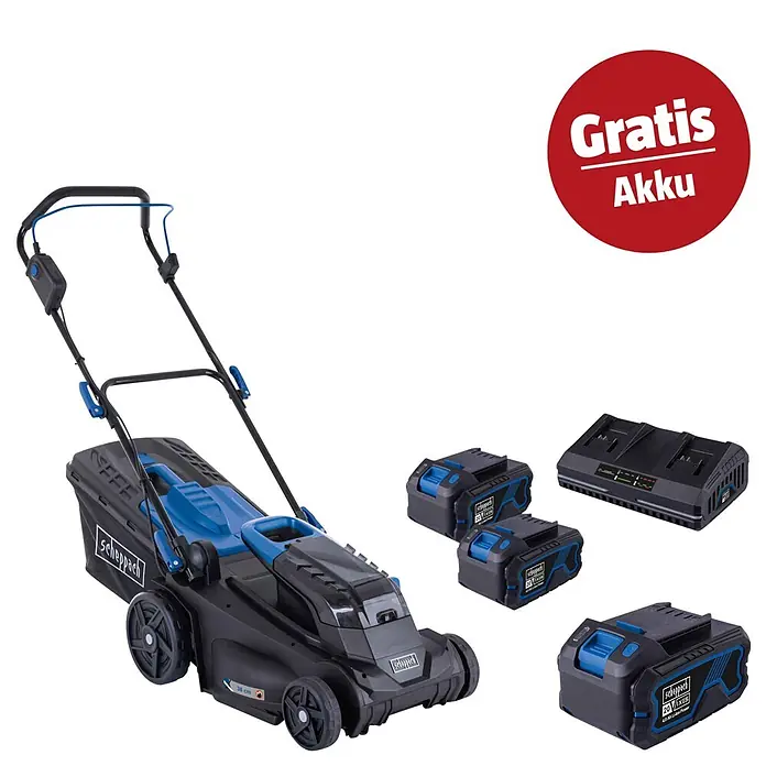 Scheppach IXES 20V Akku-Rasenmäher-Set BC-MP380-X - 40 V, 3 Akkus, 4 Ah, Schnittbreite: 38 cm - Schwarzer und blauer Scheppach Akku-Rasenmäher mit Fangkorb, zwei 20V Akkus und Doppel-Ladegerät. Rotes 'Gratis Akku'-Abzeichen.