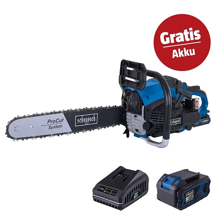 Scheppach IXES 20V Benzin-Kettensäge Set PCS56E - 2.300 W, 56 cm³, Schwertlänge: 51 cm, Max. Aststärke: 47 cm - Blau-schwarze Scheppach Kettensäge mit ProCut System, inklusive Ladegerät und einem zusätzlichen Gratis Akku.
