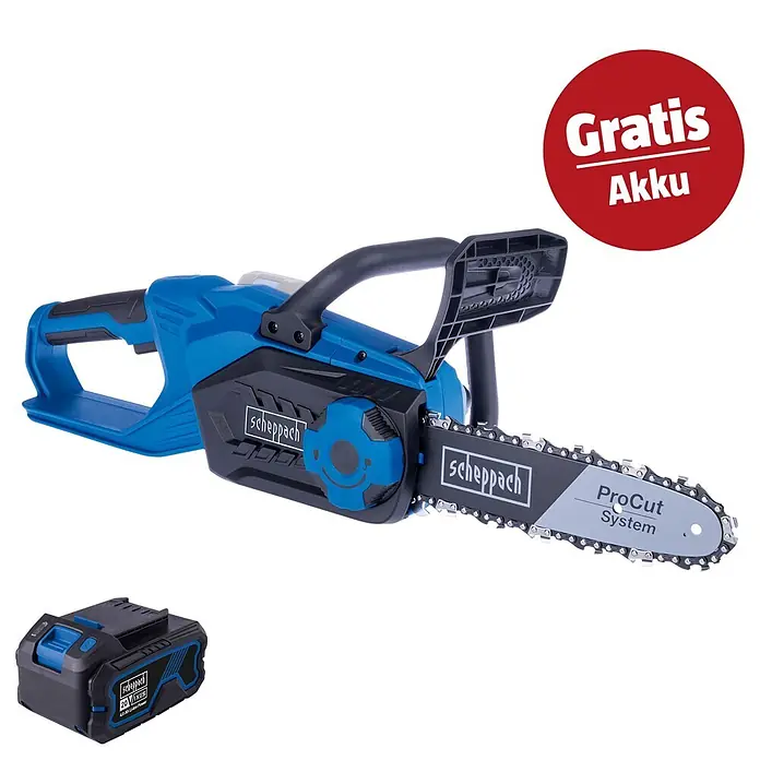 Scheppach IXES 20V Akku-Kettensägen-Set C-CS254-X - 20 V, Anzahl Akkus: 1 Akku, Schwertlänge: 25,4 cm - Blau-schwarze Akku-Kettensäge mit passendem Akku, beworben mit einem roten „Gratis Akku“-Hinweis.