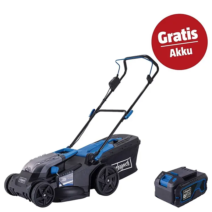 Scheppach IXES 20V Akku-Rasenmäher-Set BC-MP430-X - 20 V, 1 Akku, Schnittbreite: 43 cm - Ein schwarzer und blauer Scheppach Akku-Rasenmäher mit Fangkorb und eine 20V Batterie. Roter Hinweis: „Gratis Akku“.