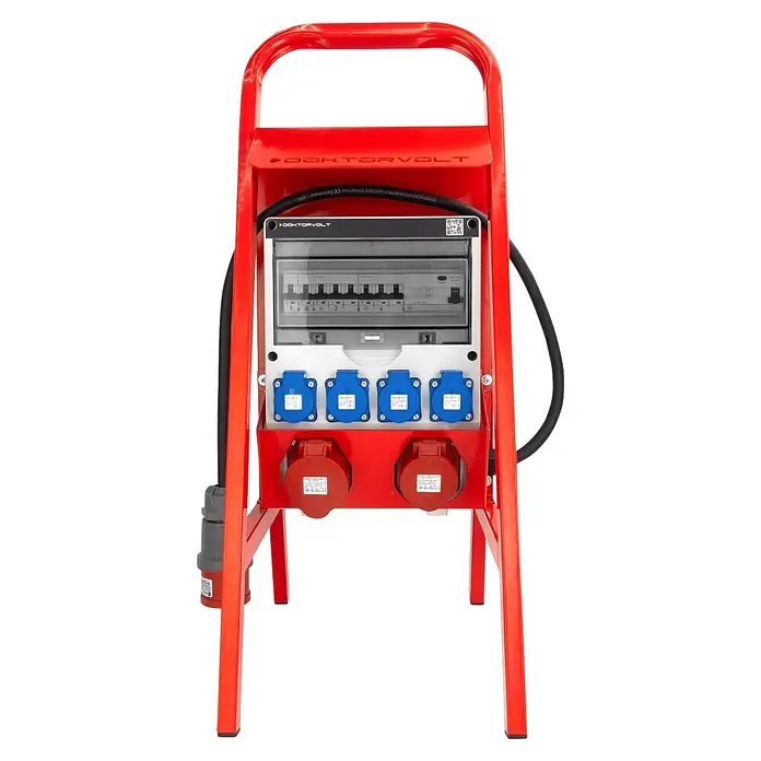 Baustromverteiler Doktorvolt 1x CEE 32A, 1x CEE 16A, 4x SCHUKO, freistehender Ständer - Anzahl CEE-Steckdosen: 2 Stk., Anzahl Steckdosen Schuko: 4 Stk., IP44 - Rote, tragbare Baustromverteilung mit Sicherungen, vier blauen CEE- und zwei roten CEE-Steckdosen. Robust.