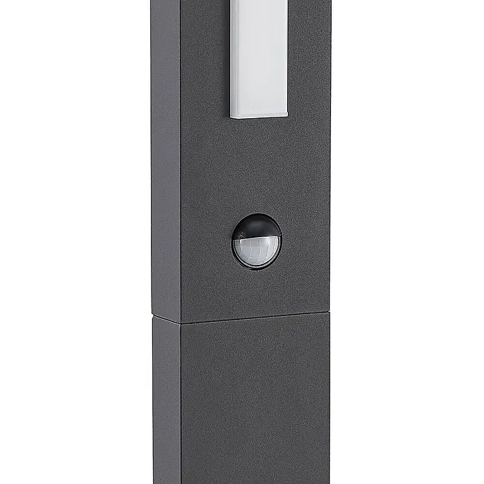 Lucande LED Wegeleuchte in graphit, weiß, mit Bewegungsmelder, Gartenlampe -  - Dunkelgraue rechteckige Außenleuchte mit weißem Panel und rundem Bewegungsmelder.