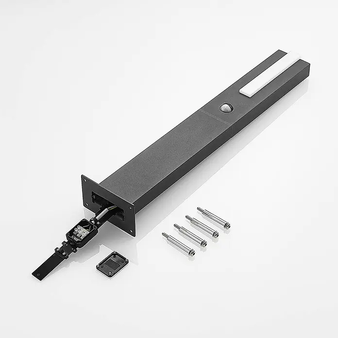 Lucande LED Wegeleuchte in graphit, weiß, mit Bewegungsmelder, Gartenlampe -  - Anthrazitfarbene LED-Außenleuchte, demontiert mit Verkabelung, Sensor, Lichtleiste und Montageankern.