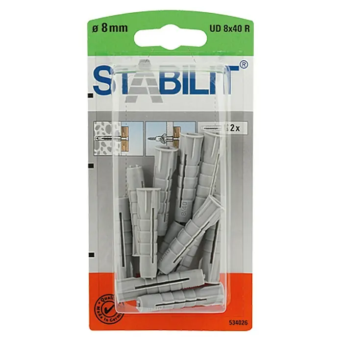 Stabilit Universal-Kragendübel - Durchmesser Dübel: 8 mm, Länge Dübel: 40 mm, 12 Stk. - Eine Packung STABILIT Dübel UD 8x40 R, ideal für sichere Befestigungen in verschiedenen Materialien. Die Dübel haben einen Durchmesser von 8 mm.