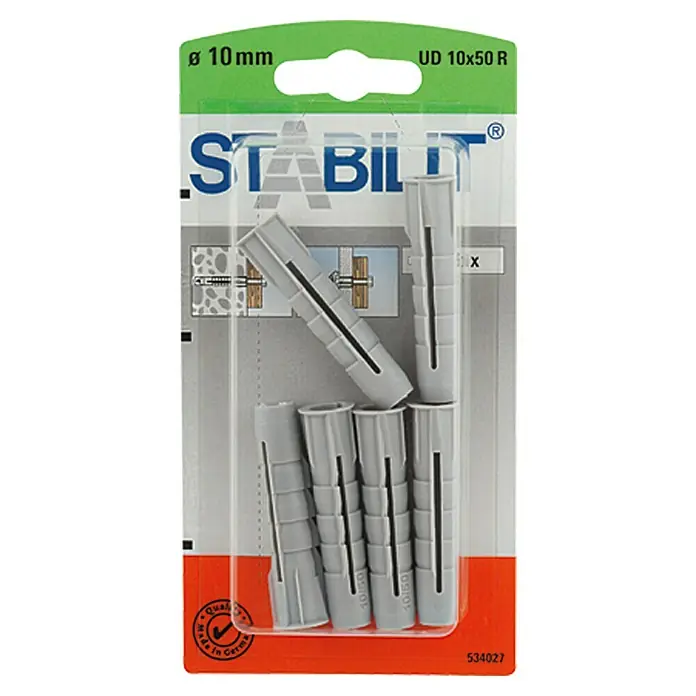 Stabilit Universal-Kragendübel - Durchmesser Dübel: 10 mm, Länge Dübel: 50 mm, 6 Stk. - Eine Packung Stabil-Dübel UD 10x50 R mit einem Durchmesser von 10 mm, ideal für sichere Befestigungen in verschiedenen Materialien.