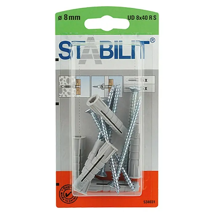 Stabilit Universal-Kragendübel-Set - Durchmesser Dübel: 8 mm, Länge Dübel: 40 mm, 6 Stk., Mit Schrauben - Packung Stabilit UD 8x40 RS Universaldübel mit Schrauben, Durchmesser 8mm, für sichere Befestigungen in verschiedenen Materialien.