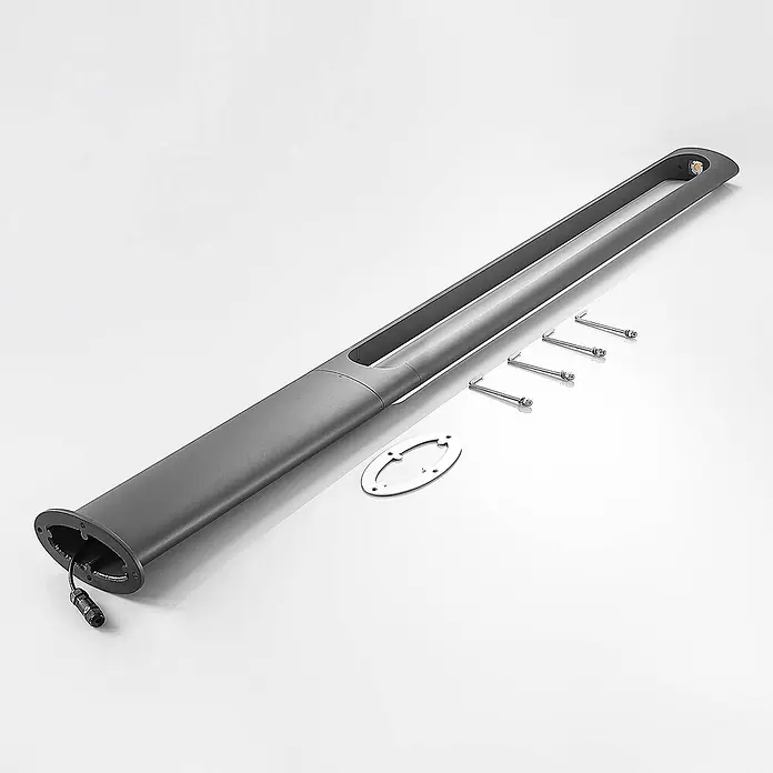 Lucande LED Gartenlaterne für draußen in dunkelgrau, Mastleuchte -  - Dunkelgraue, längliche, moderne LED-Pollerleuchte mit Montagematerial auf einer Oberfläche.
