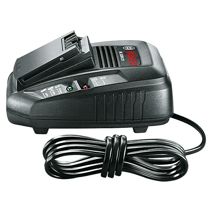 Bosch Power for All 18V Cargador de baterías AL 1830 CV - 18 V, 2,5 Ah - La imagen muestra un cargador de baterías Bosch, modelo AL 1830 CV. Es negro y tiene un diseño compacto, con un cable de carga.