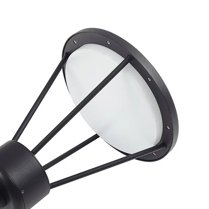 Lucande LED Gartenlaterne für draußen in schwarz matt, Mastleuchte -  - Schwarzer moderner Außenleuchtenkopf mit weißem elliptischem Diffusor und dunklen Streben.