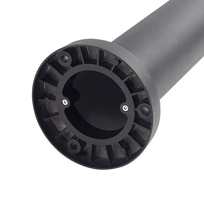 Lucande LED Gartenlaterne für draußen in schwarz matt, Mastleuchte -  - Dunkelgraue zylindrische Leuchten-/Pollerbasis mit geripptem Boden und Schrauben.
