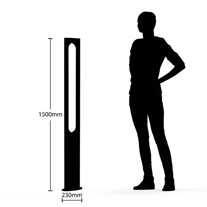 Lucande LED Gartenlaterne für draußen in dunkelgrau, Mastleuchte -  - Schwarze Poller-Leuchte, 1500mm hoch und 230mm breit, mit Person zur Skalenansicht.