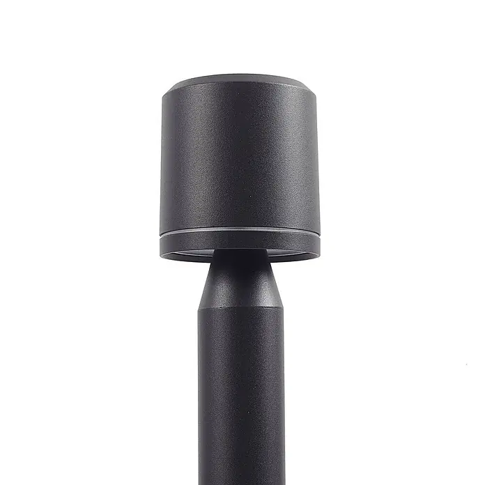 Lindby Außenlaterne Amila -  - Schwarze zylindrische Außenleuchte mit strukturierter Oberfläche, mit breiterem Oberteil und schmalerem Fuß.