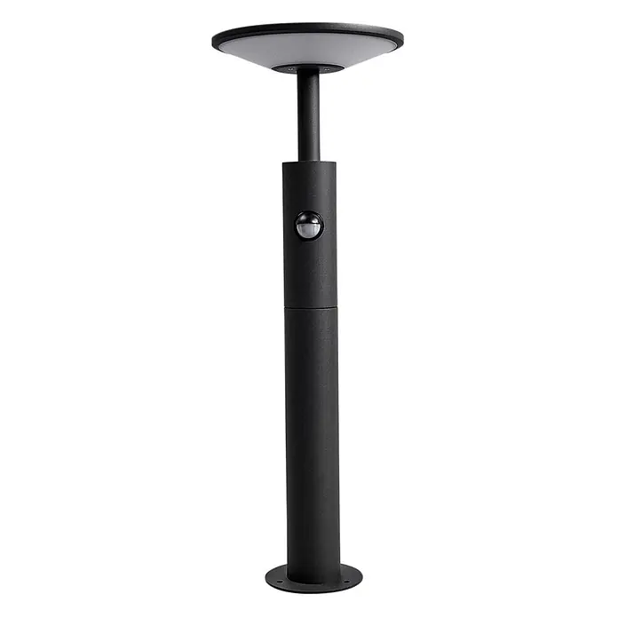 Lucande LED Wegeleuchte mit Bewegungsmelder Gartenleuchten mit Strom 60 cm -  - Schwarze Pollerleuchte für den Außenbereich mit flachem Oberteil, integrierter LED und Bewegungssensor am Zylinder, auf rundem Sockel.