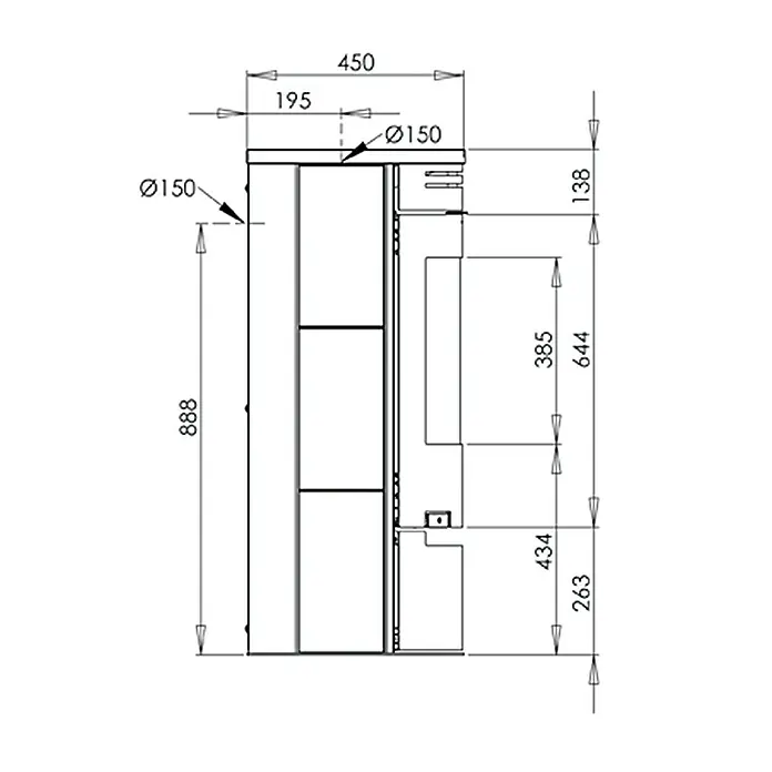 Aduro Kaminofen 1-1 SK - 6 kW, Raumheizvermögen: 334 m³, Material Verkleidung: Speckstein, Schwarz - Technische Zeichnung eines Schranks mit verschiedenen Maßangaben, die die Dimensionen des Produkts verdeutlichen.