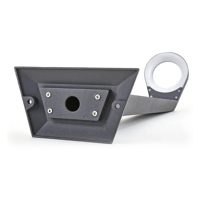 Lucande LED Wegeleuchte in anthrazit, Gartenlampe -  - Dunkelgraue Metall-Montagehalterung mit Mittelloch und angebrachtem Arm mit weißem Ringlicht.