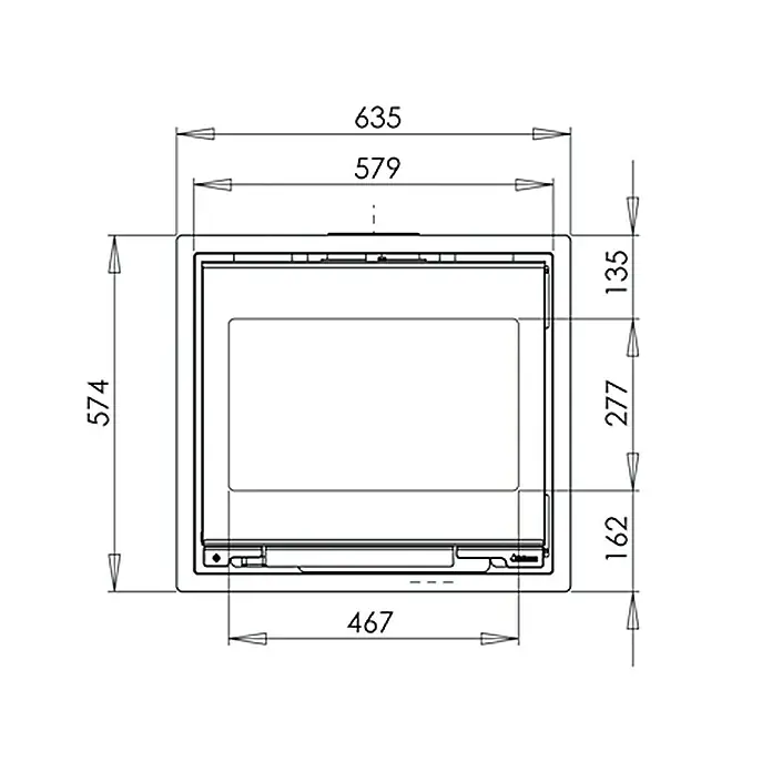 Aduro Kaminofeneinsatz 5-1 - L x B x H: 46 x 63,5 x 57,4 cm, Schwarz - Technische Zeichnung eines Ofens mit Maßangaben. Der Ofen ist rechteckig und detailliert bemaßt dargestellt.