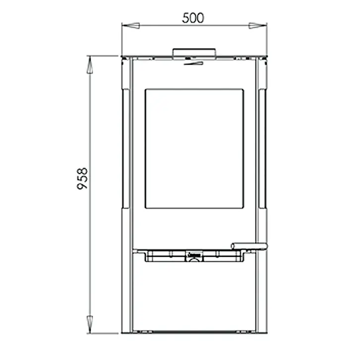 Aduro Kaminofen 9 - 8 kW, Raumheizvermögen: 334 m³, Material Verkleidung: Stahl, Schwarz - Technische Zeichnung eines Ofens mit den Maßen 500 mm Breite und 958 mm Höhe.